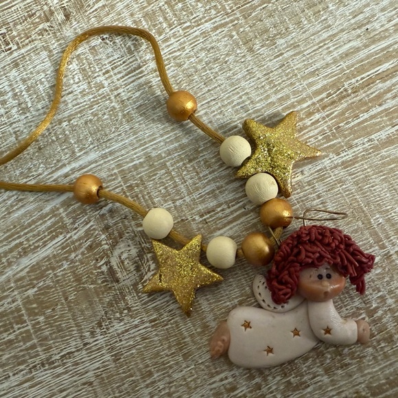 Gold & Cream Clay Angel with Stars and beads Necklace, 26" - Picture 10 of 13